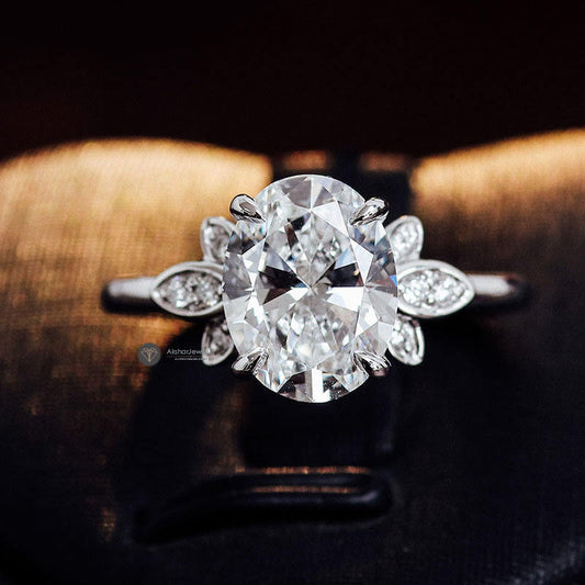 Oval Cut Colorless Moissanite Vintage Engagement Ring, Side Marquise Cut Handmade Ring Gift