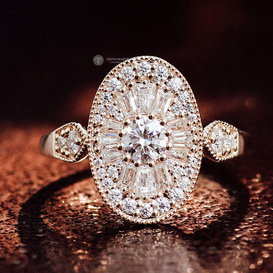 Round Lab Grown Diamond Double Halo Engagement Ring, Vintage Moissanite Ring