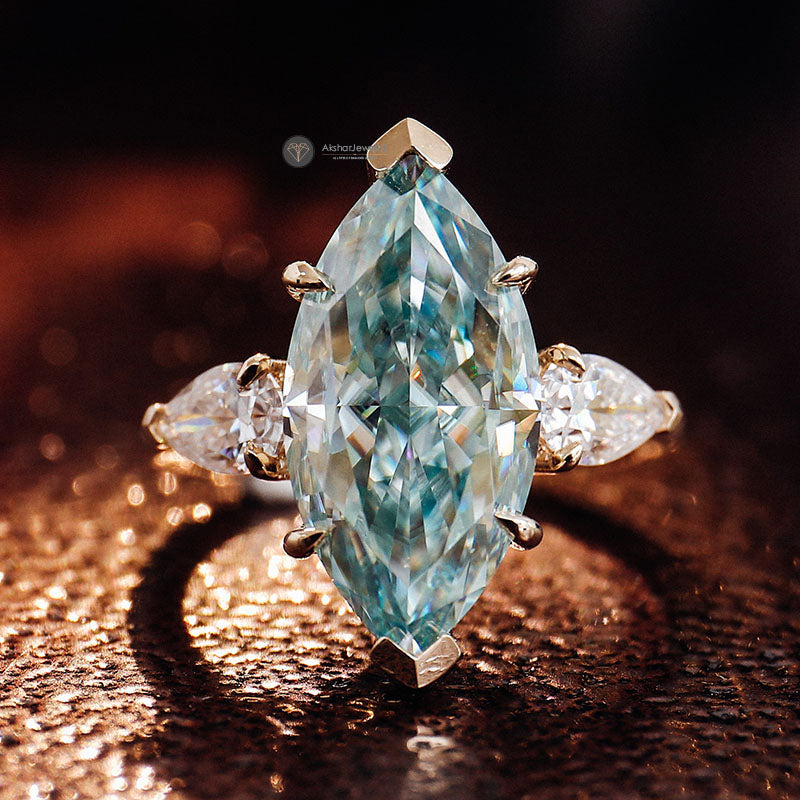 Blue Green Marquise Cut Moissanite Muse Engagement Ring