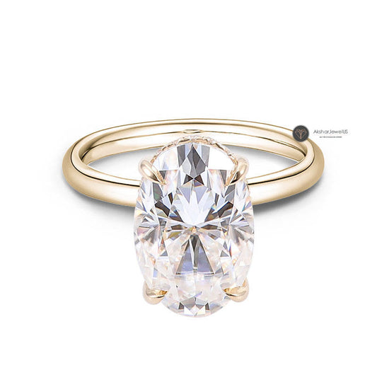 Elongated Oval Double Hidden Halo Moissanite Diamond Engagement Ring, view 2