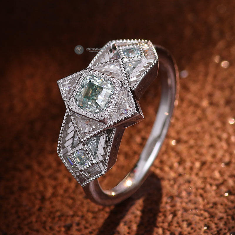 Gray Asscher Cut Three Stone Engagement Ring, Vintage Ring, Milgrain Style Halo Ring