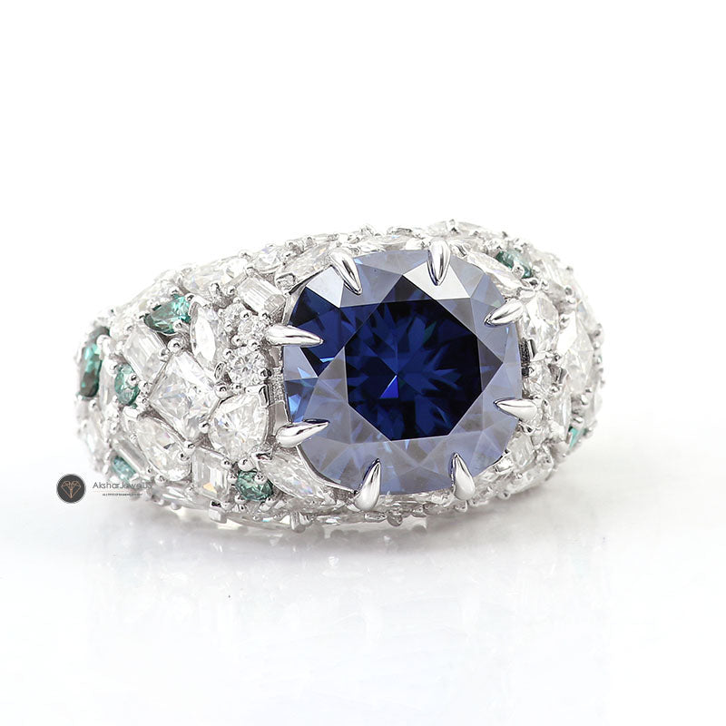 2.00CT Blue Cushion Sapphire Claw Prong Designer Ring, Multi Shape Stone Cluster Ring
