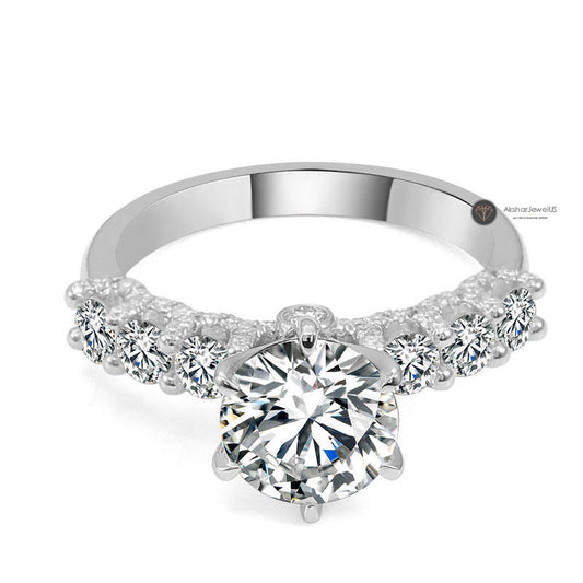 Round Moissanite Diamond Side Accent Engagement Ring