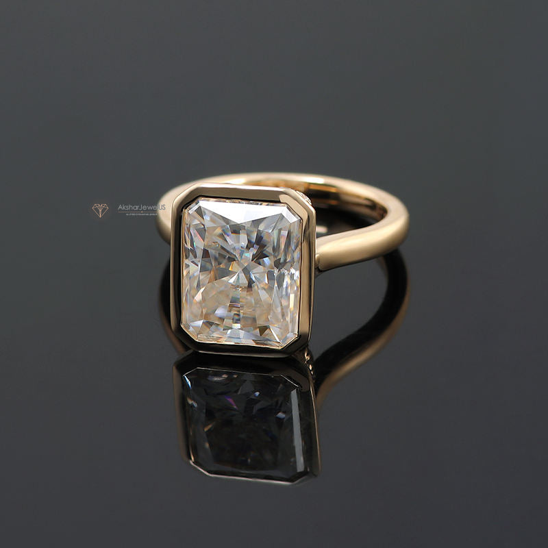 Radiant Cut Bezel Set Lab Grown Diamond Engagement ring, Hidden Halo Moissanite Ring