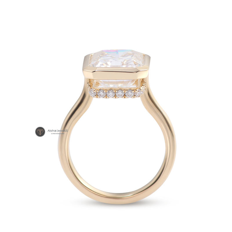 Radiant Cut Bezel Set Lab Grown Diamond Engagement ring, Hidden Halo Moissanite Ring