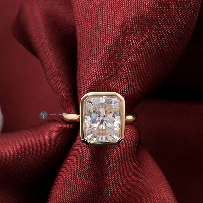 Radiant Cut Bezel Set Lab Grown Diamond Engagement ring, Hidden Halo Moissanite Ring