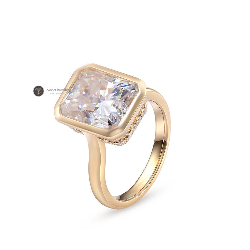 Radiant Cut Bezel Set Lab Grown Diamond Engagement ring, Hidden Halo Moissanite Ring
