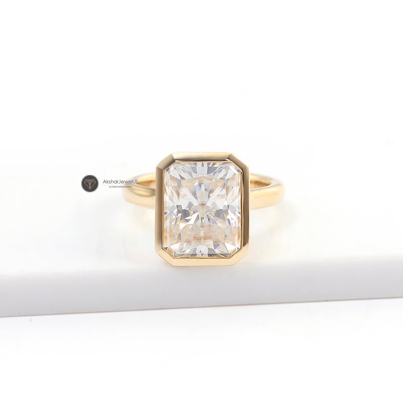 Radiant Cut Bezel Set Lab Grown Diamond Engagement ring, Hidden Halo Moissanite Ring