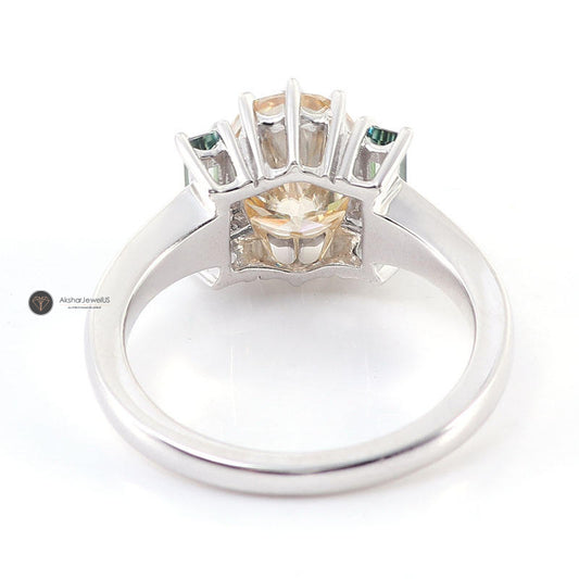 Champagne Oval & Light Green Emerald Three Stone Moissanite Ring, view 1