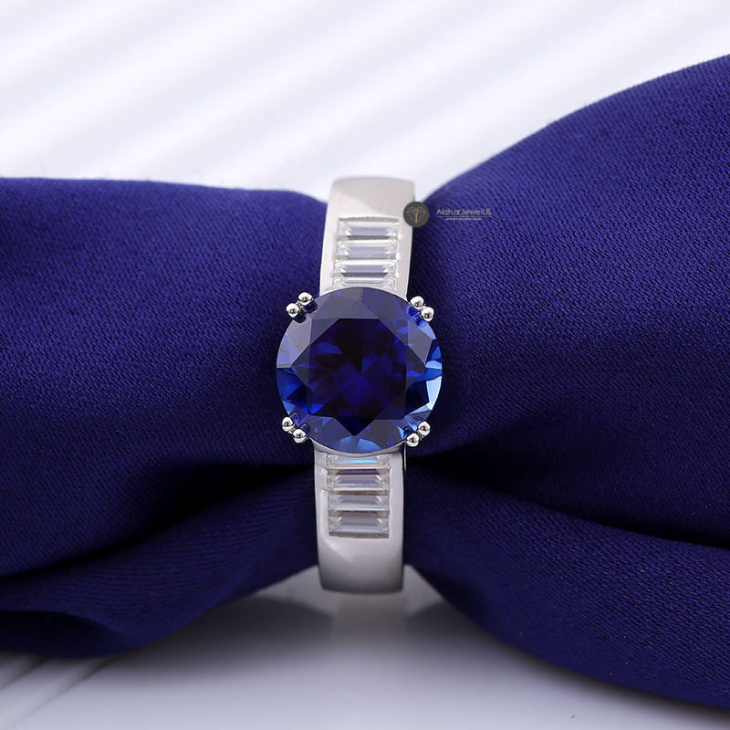 Blue Sapphire Round Cut Moissanite Ring For Men