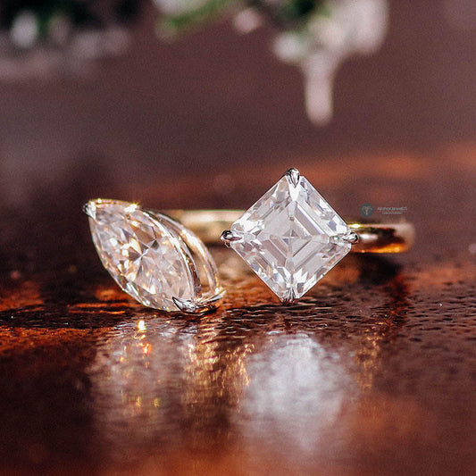 Marquise and Princess Cut Moissanite Two Tone Toi Et Moi Ring, Open Cuff Ring, view 2