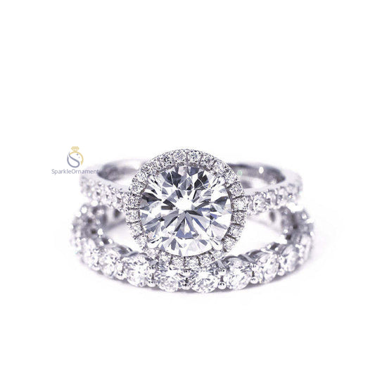 Round Cut Halo Lab Grown Diamond Engagement Ring Set
