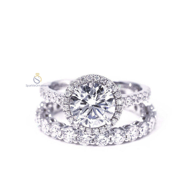 Round Cut Halo Lab Grown Diamond Engagement Ring Set