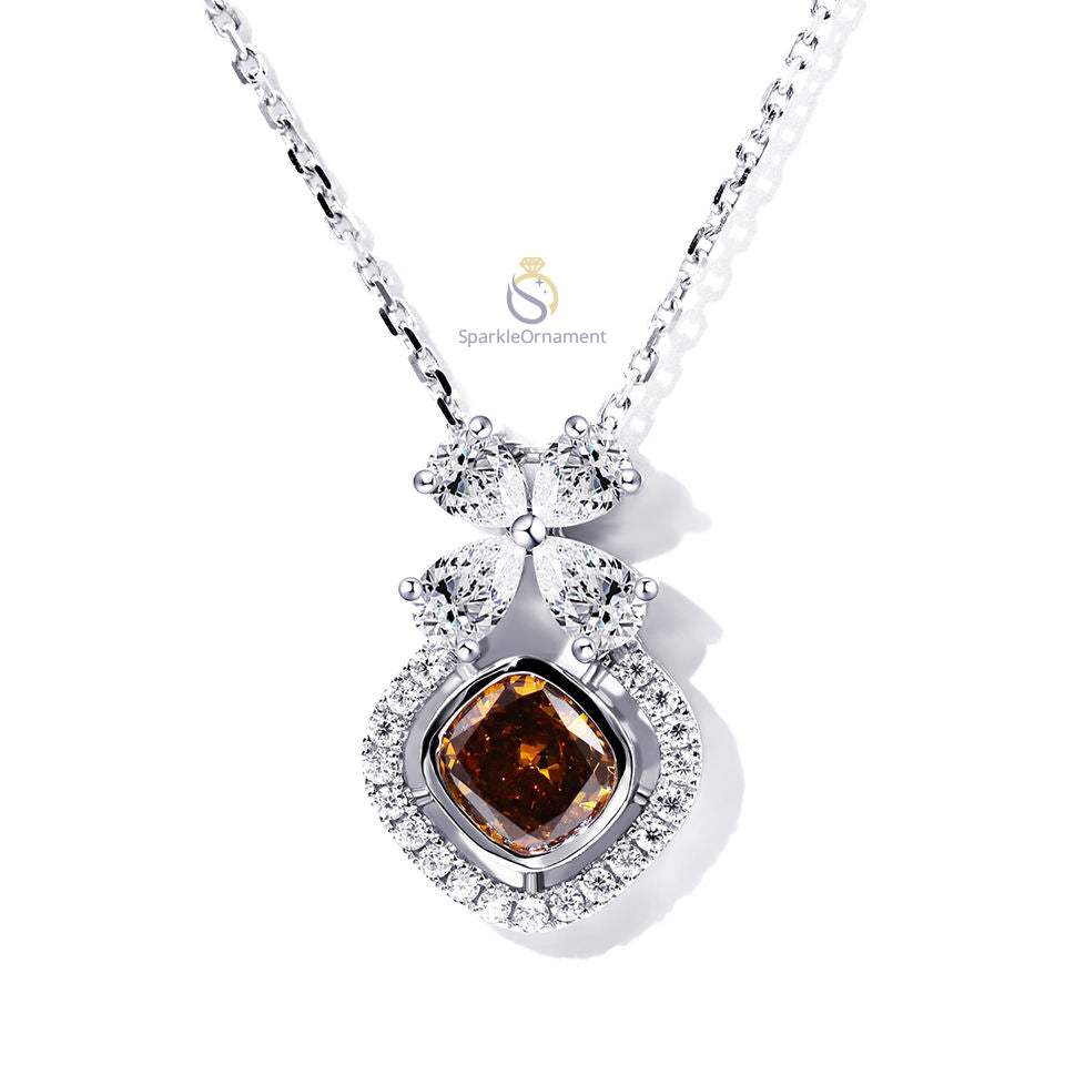 Brown Cushion Cut Bezel Set Flower Style Lab Grown Diamond Pendant