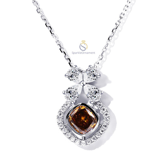 Brown Cushion Cut Bezel Set Flower Style Lab Grown Diamond Pendant