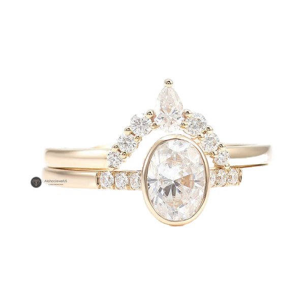 Crushed Ice Oval Lab Grown Diamond Curved Ring Set, Bezel Moissanite Bridal Set from Carat and Kraft, on white