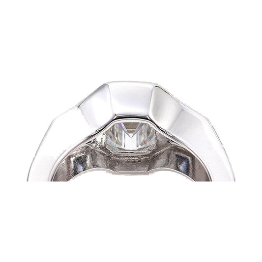 Emerald Moissanite Three Sone Bezel Set Ring from Carat and Kraft, on white