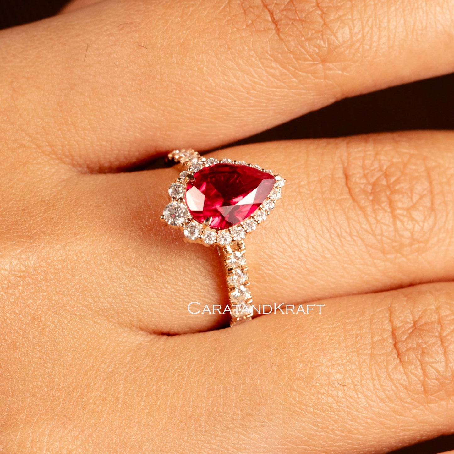 Ruby Engagement Ring, Pear Cut Halo Engagement Ring Vintage Moissanite Ring