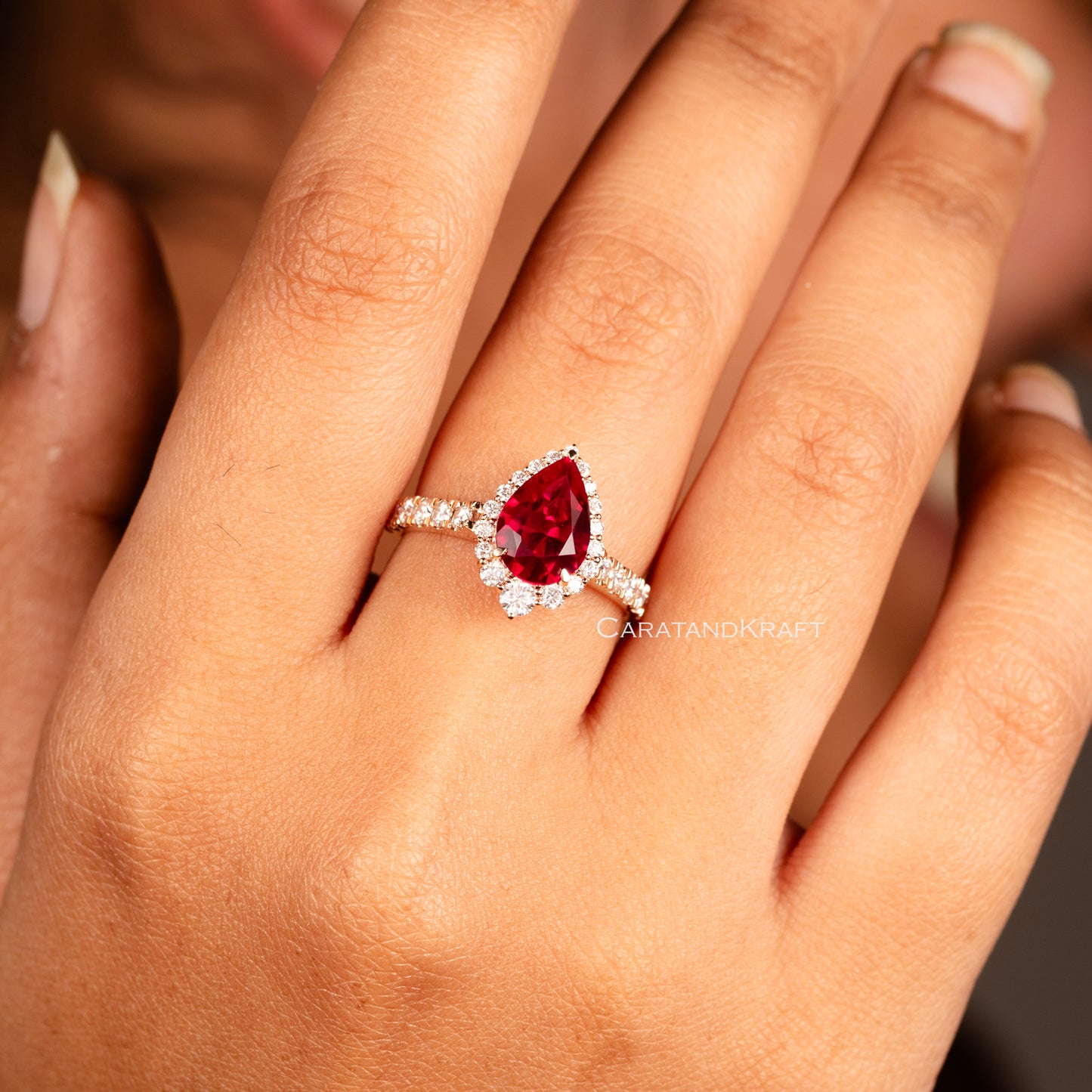 Ruby Engagement Ring, Pear Cut Halo Engagement Ring Vintage Moissanite Ring