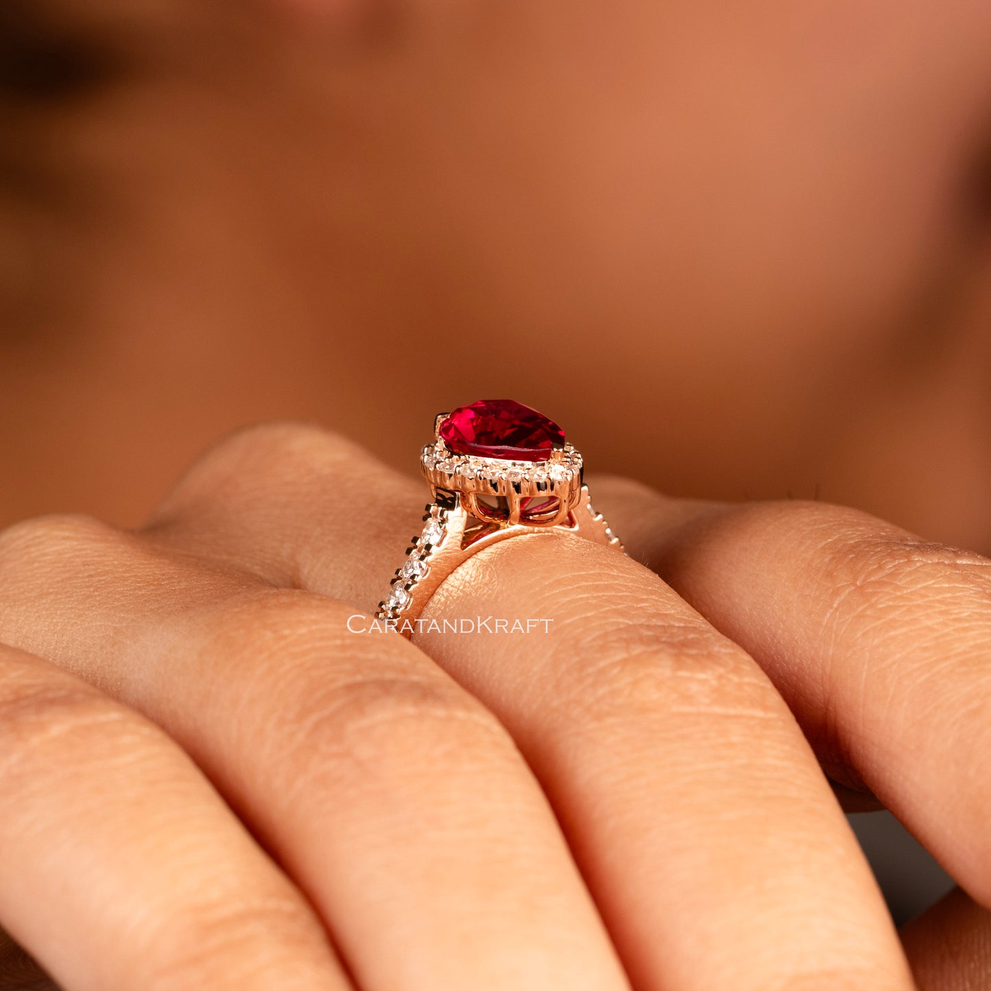 Ruby Engagement Ring, Pear Cut Halo Engagement Ring Vintage Moissanite Ring