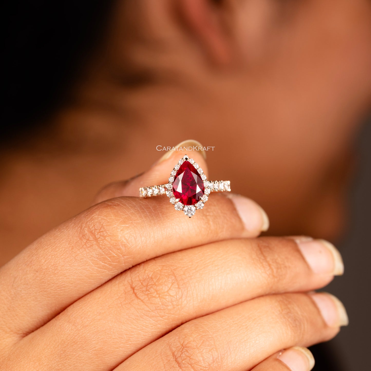 Ruby Engagement Ring, Pear Cut Halo Engagement Ring Vintage Moissanite Ring