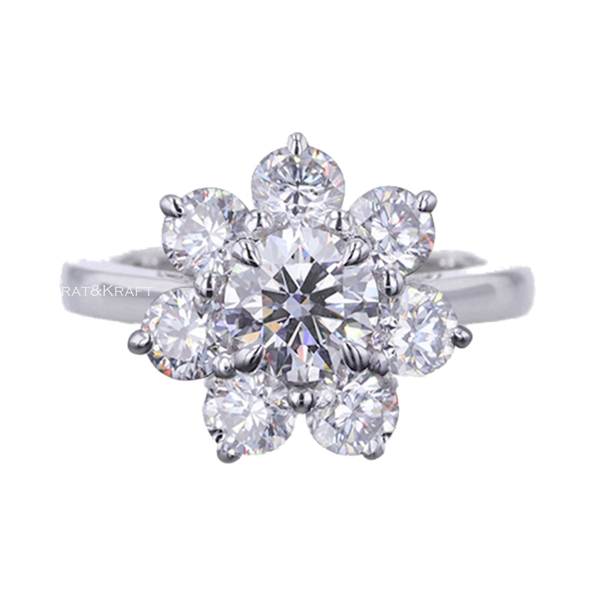 Round Lab Grown DIamond Ring, Floral Halo Engagement Ring from Carat and Kraft, on white