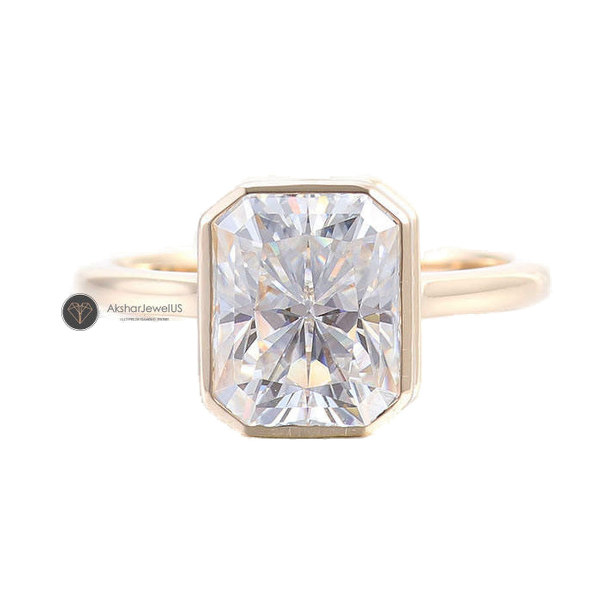 1.00CT To 5.00CT Radiant Cut Bezel Set Moissanite Solitaire Ring from Carat and Kraft, on white