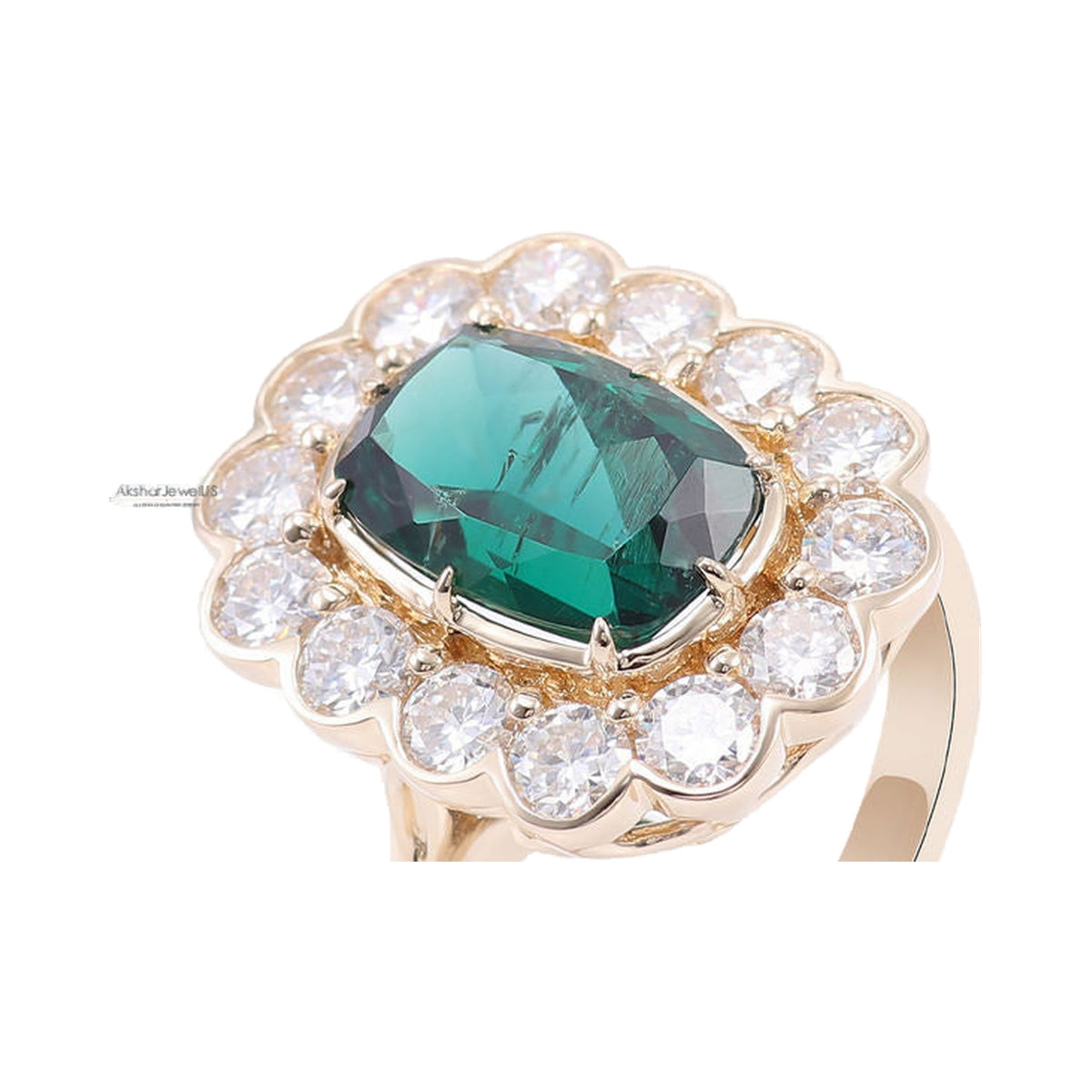 1.0CT to 5.0CT Green Emerald Elongated Cushion Cut Cluster Halo Ring from Carat and Kraft, on white