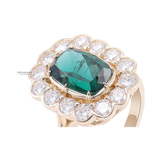 1.0CT to 5.0CT Green Emerald Elongated Cushion Cut Cluster Halo Ring from Carat and Kraft, on white
