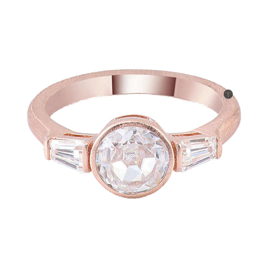 1.50CT Round Rose Cut Moissanite Three Stone Tapered Baguette Ring from Carat and Kraft, on white
