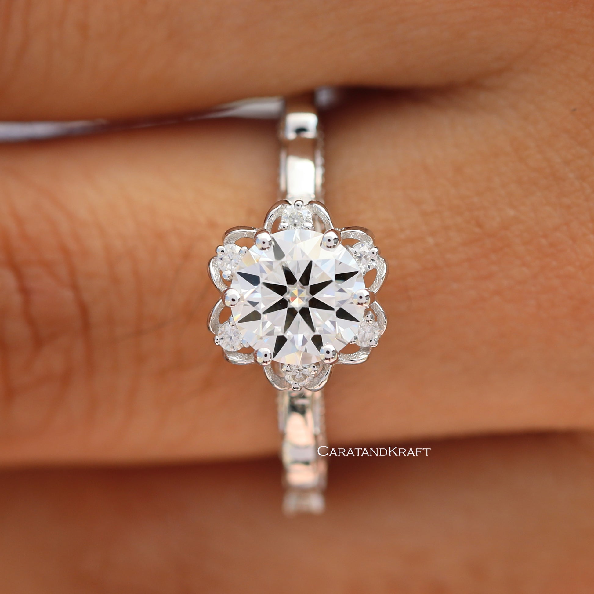 1.00 CT Round Cut Moissanite Engagement Ring, Antique Vintage Style Flower Halo Ring