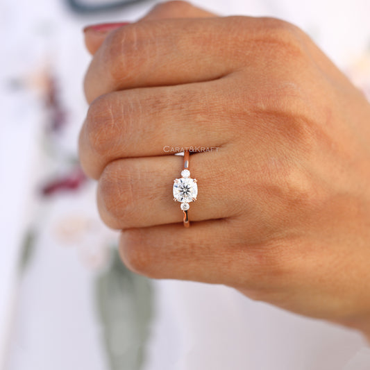 Three Stone Cushion & Round Cut Moissanite Ring, view 1