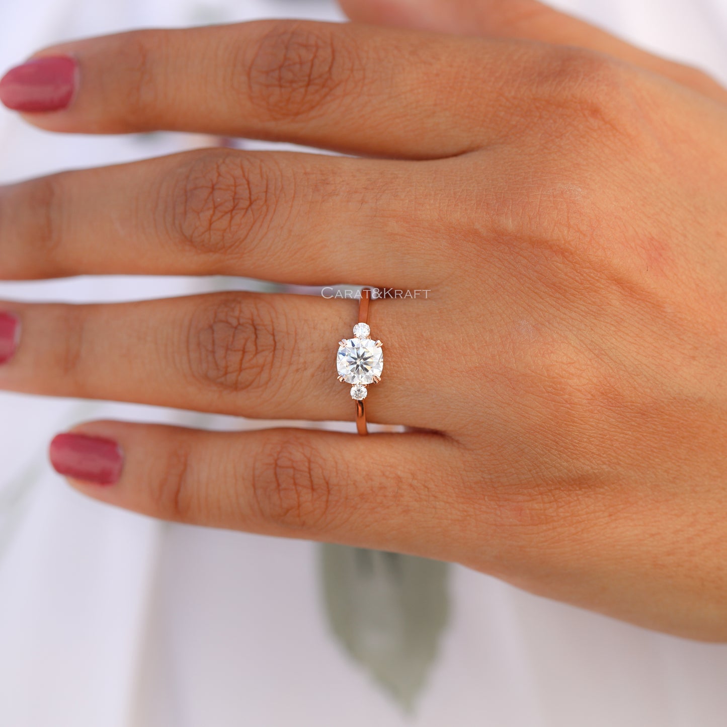 Three Stone Cushion & Round Cut Moissanite Ring