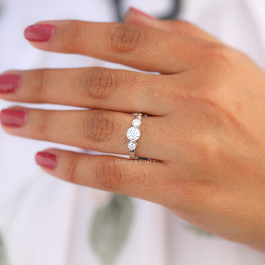 Three Stone Lab Grown Diamond Ring, Bezel Set Vintage Ring, view 1