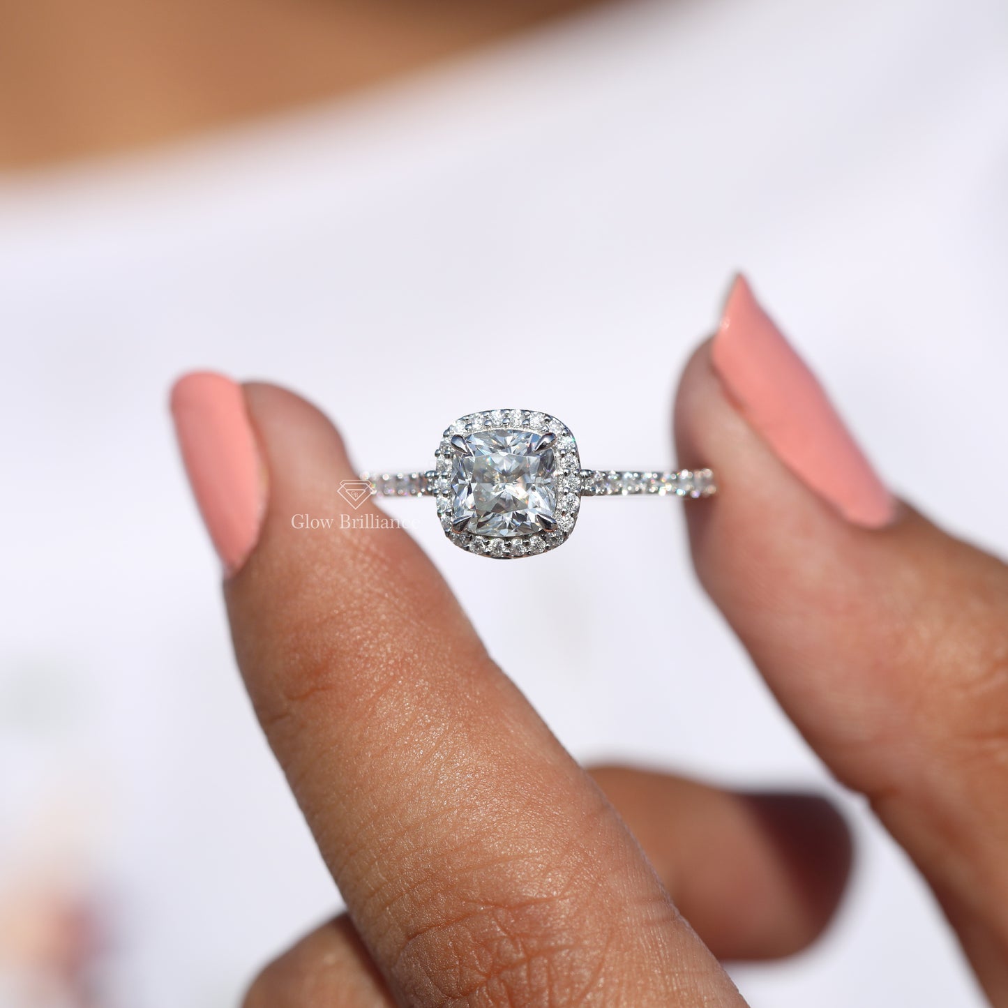 6mm Cushion Halo Moissanite Diamond Engagement Ring