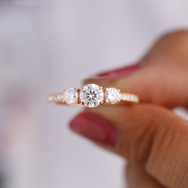 Three Stone Round Cut Lab Grown Diamond Engagement Ring (Round Prong)