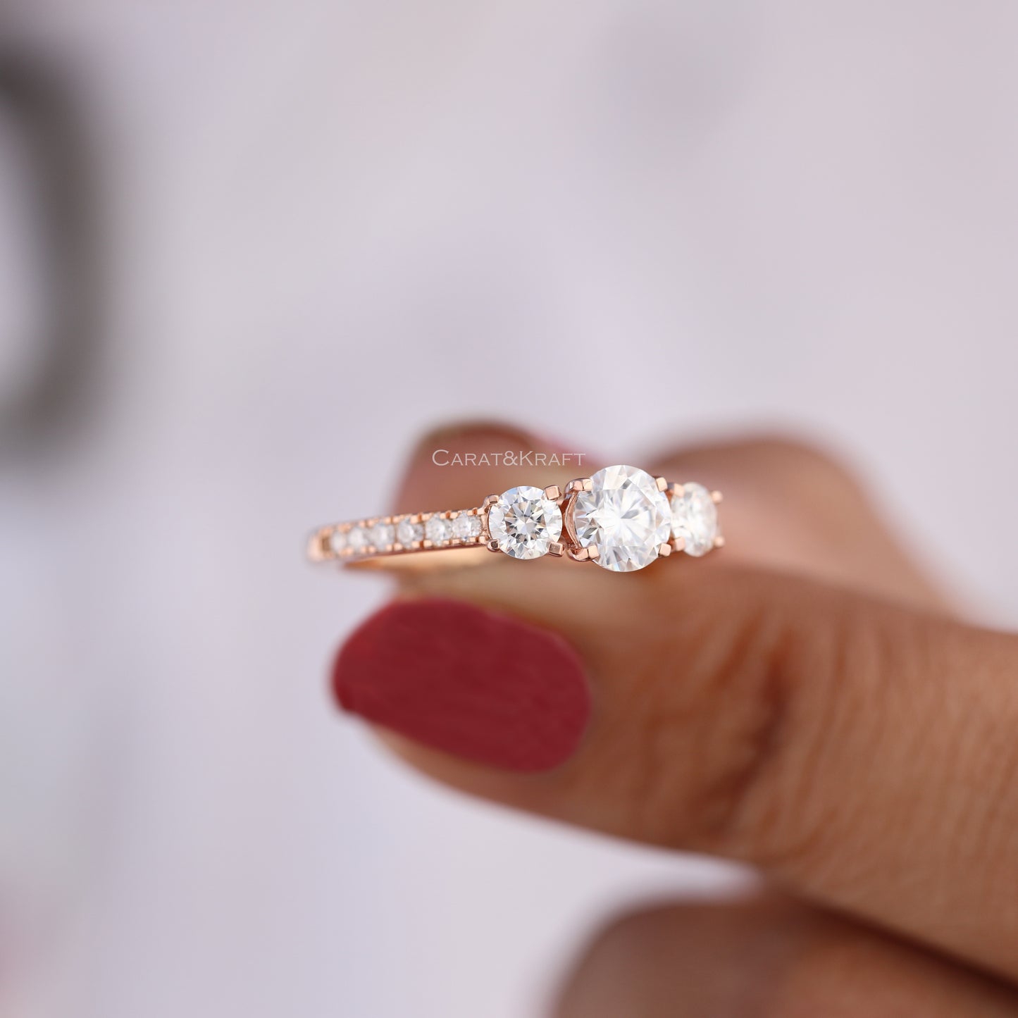 Three Stone Round Cut Lab Grown Diamond Engagement Ring