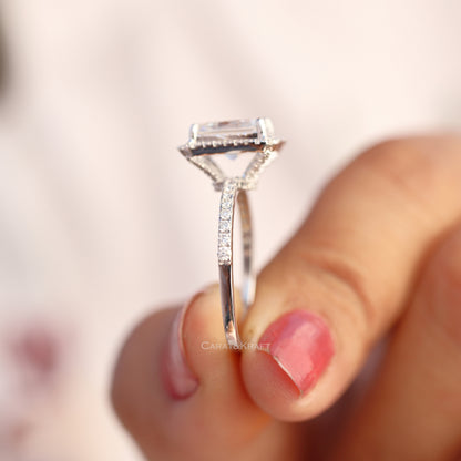 Radiant Cut Distance Halo Moissanite Engagement Ring, view 4