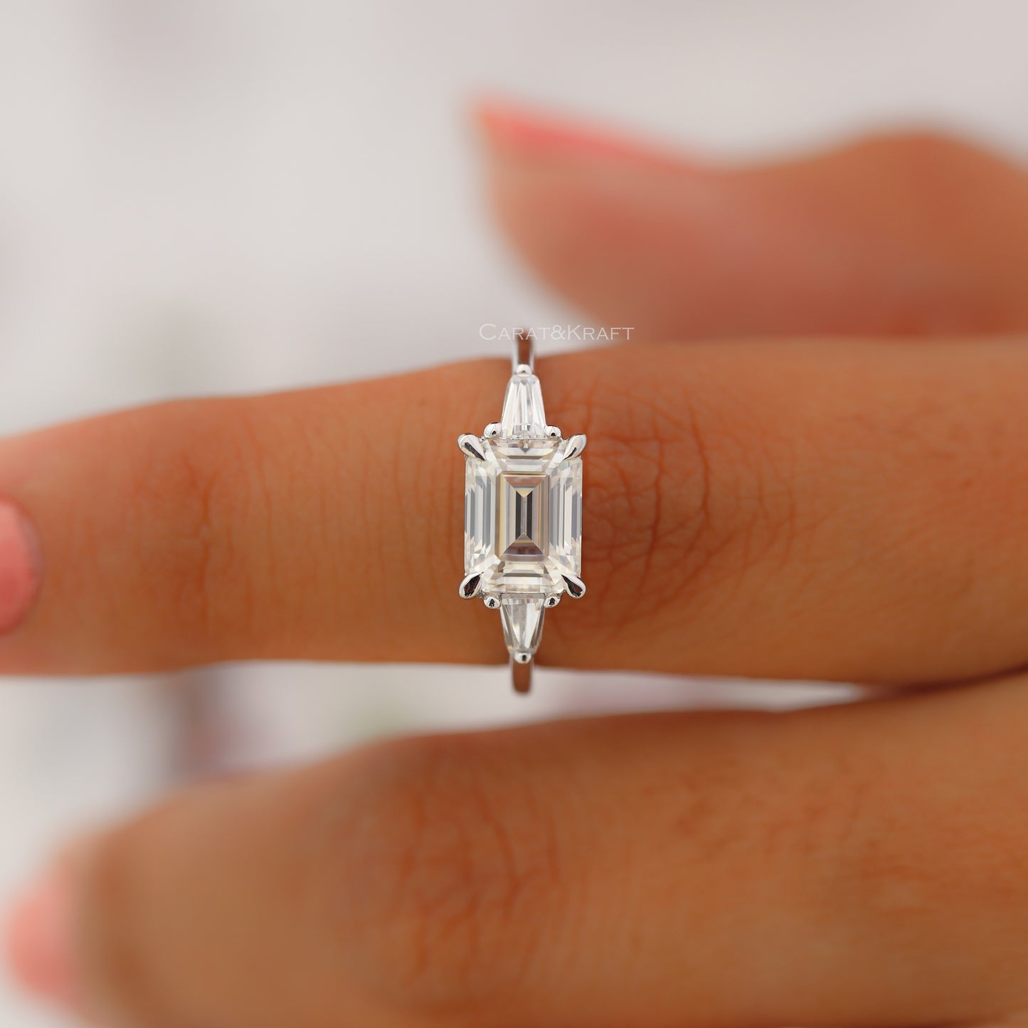 Emerald Cut Three Stone Moissanite Diamond Engagement Ring