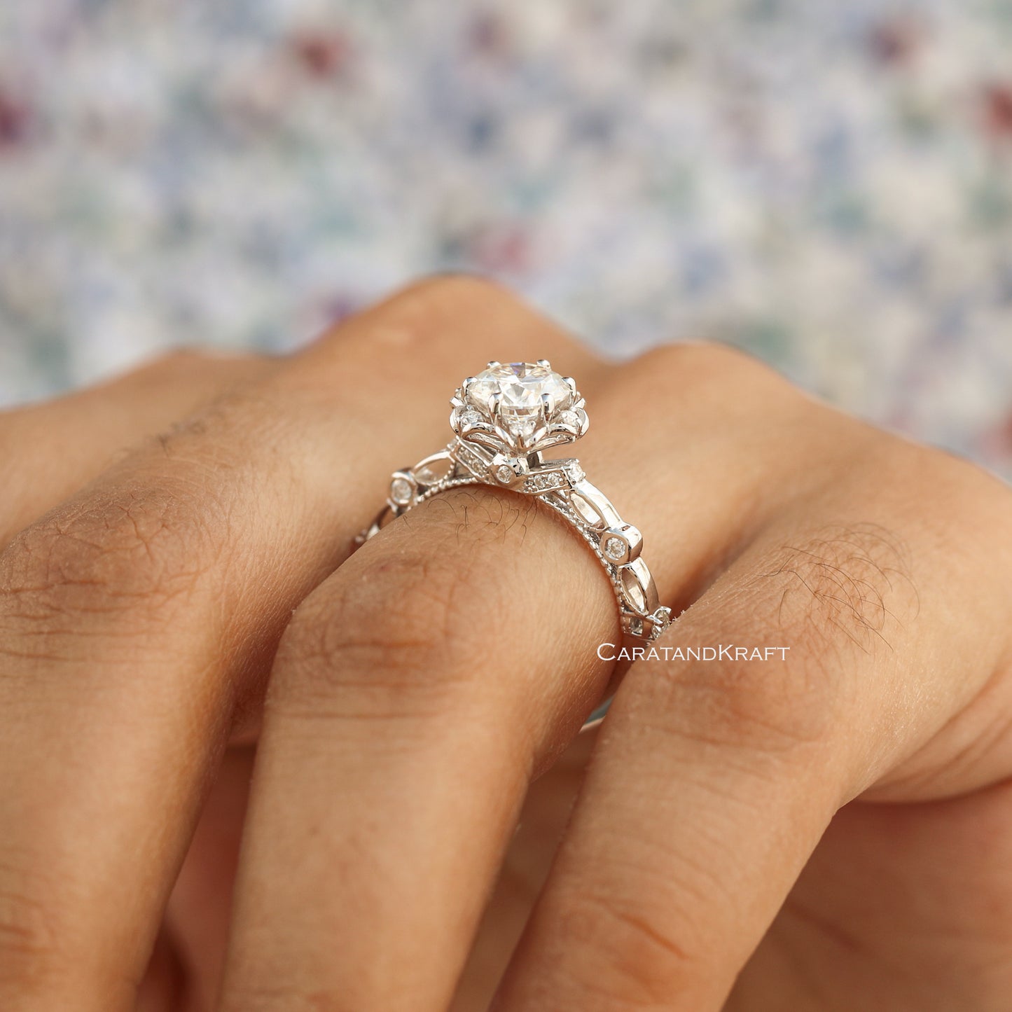 1.00 CT Round Cut Moissanite Engagement Ring, Antique Vintage Style Flower Halo Ring