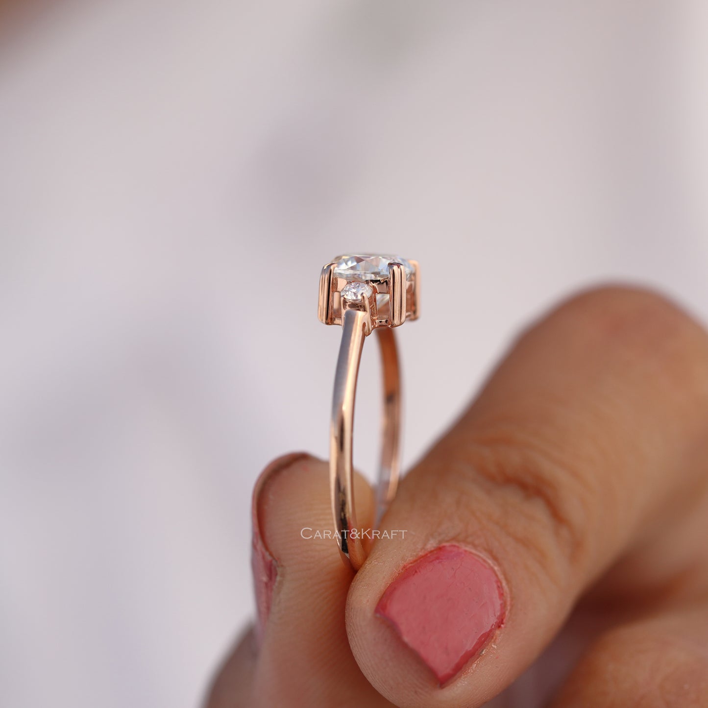 Three Stone Cushion & Round Cut Moissanite Ring