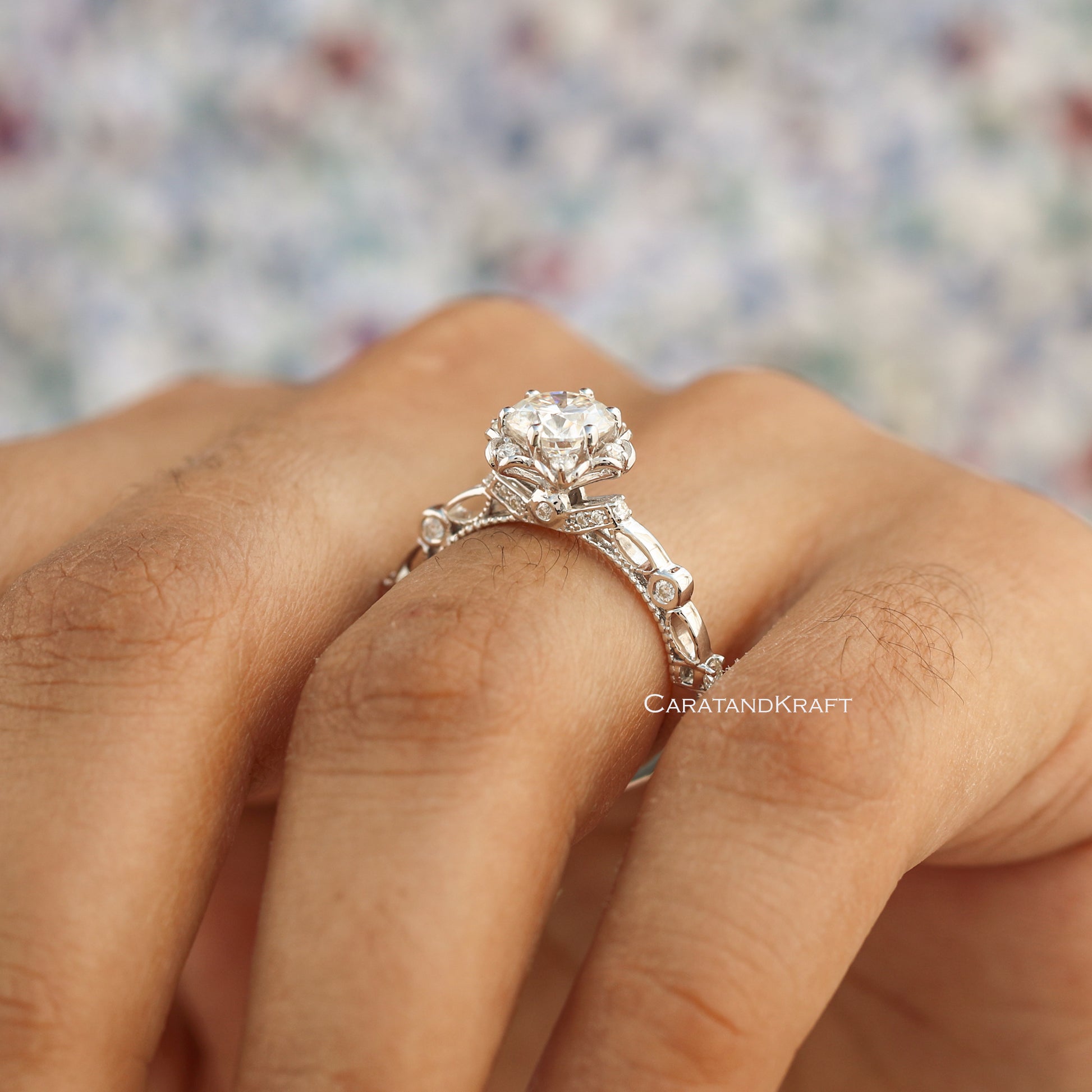 Round Diamond Ring, Vintage Lab Grown Diamond Engagement Ring