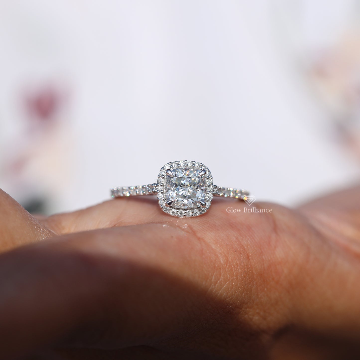 6mm Cushion Halo Moissanite Diamond Engagement Ring