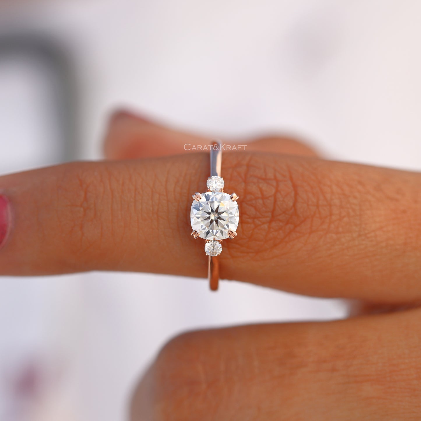 Three Stone Cushion & Round Cut Moissanite Ring