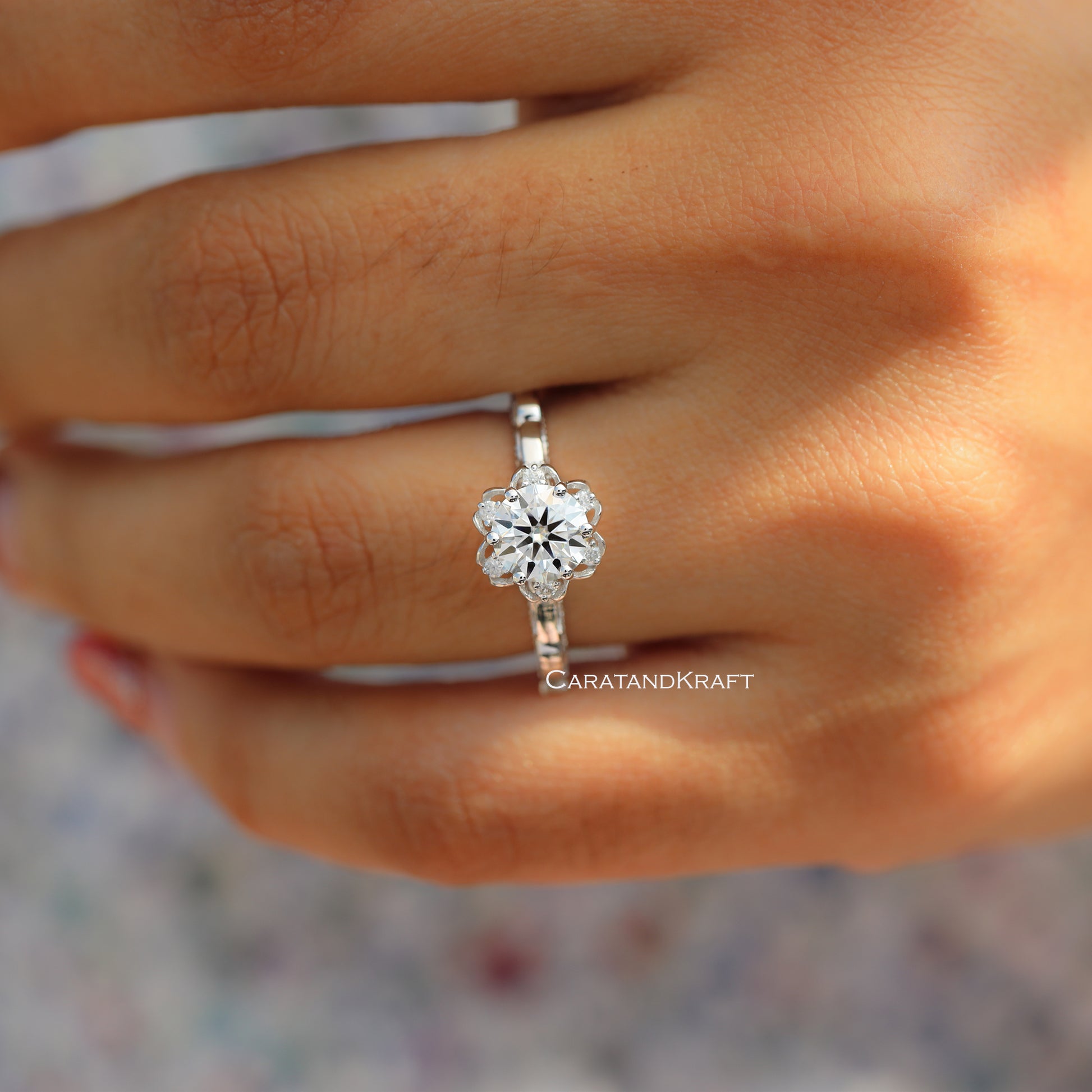 1.00 CT Round Cut Moissanite Engagement Ring, Antique Vintage Style Flower Halo Ring