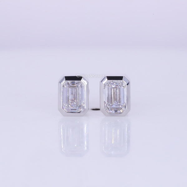 14K Solid Gold Lab Grown Diamond Bezel Set Emerald Cut Diamond Studs.   Diamond Earrings, Diamond Studs. Perfect Gift

