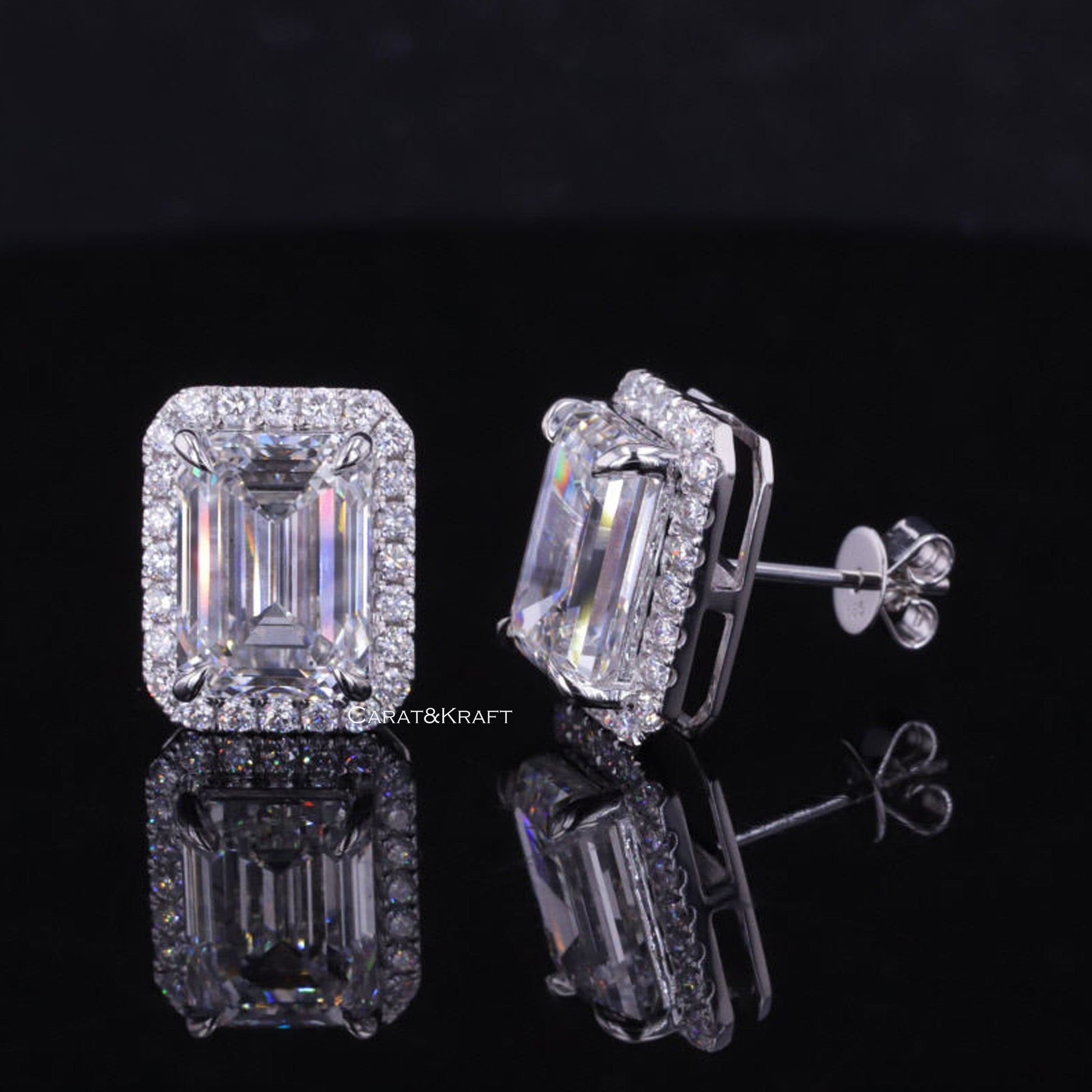 Emerald Cut Lab Grown Diamond Halo Stud Earrings, Everyday Wear Minimalist Stud Earrings, CVD Diamond Studs, Claw Prong Set Stud Earrings