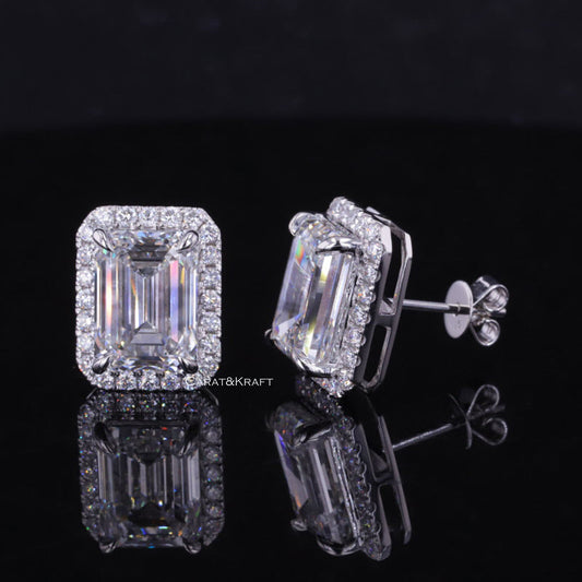 Emerald Cut Lab Grown Diamond Halo Stud Earrings, Everyday Wear Minimalist Stud Earrings, CVD Diamond Studs, Claw Prong Set Stud Earrings