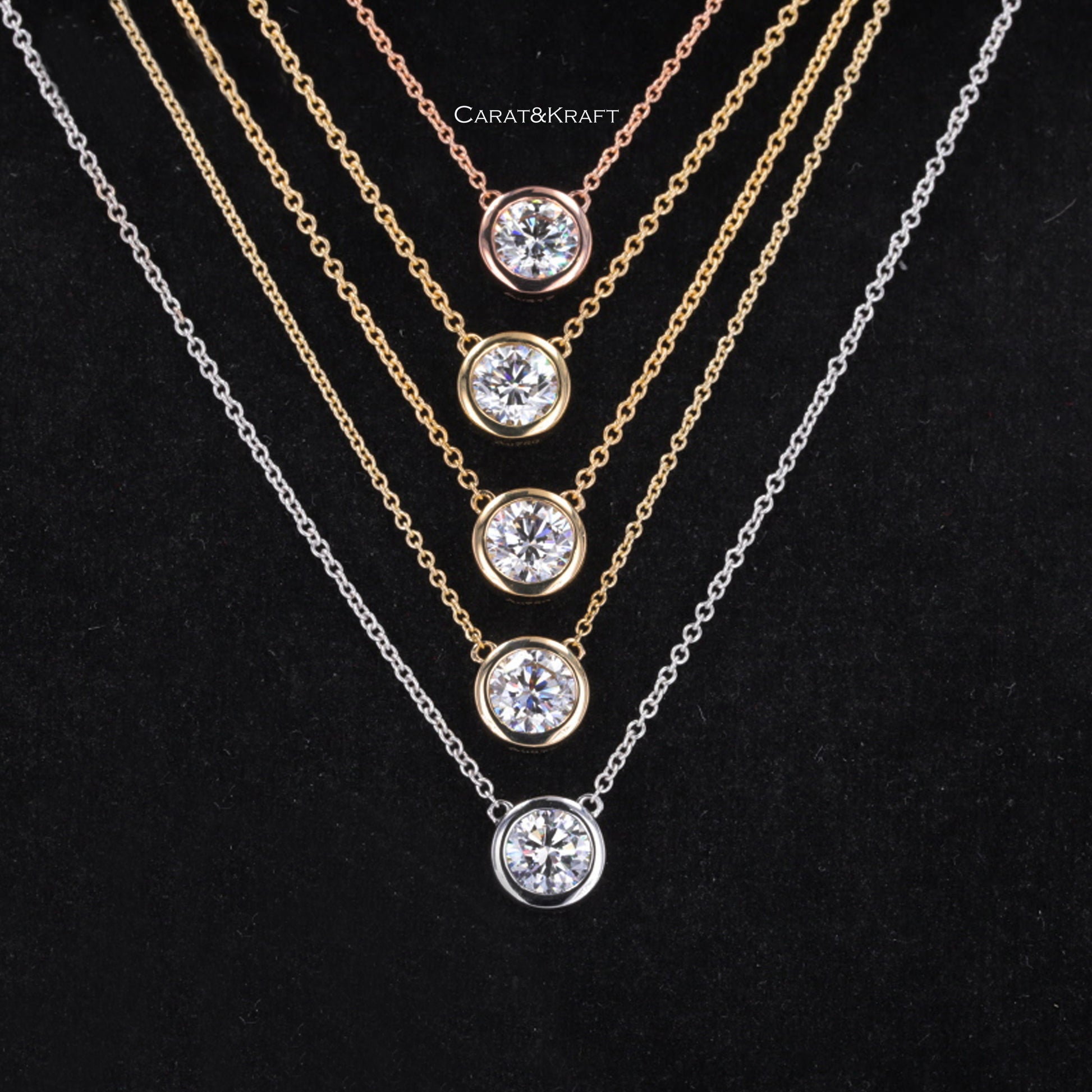 Lab Grown Diamond Bezel Necklace: 14k Gold Solitaire (0.2 - 3CT)
