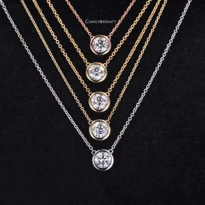 Lab Grown Diamond Bezel Necklace: 14k Gold Solitaire (0.2 - 3CT)
